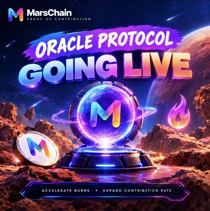 A promotional graphic for MarsChain's 'Proof of Contribution' announcing that the 'ORACLE PROTOCOL GOING LIVE' with text reading 'ACCELERATE BURNS • EXPAND CONTRIBUTION RATE', featuring a glowing portal with the MarsChain logo on a Mars-like landscape.