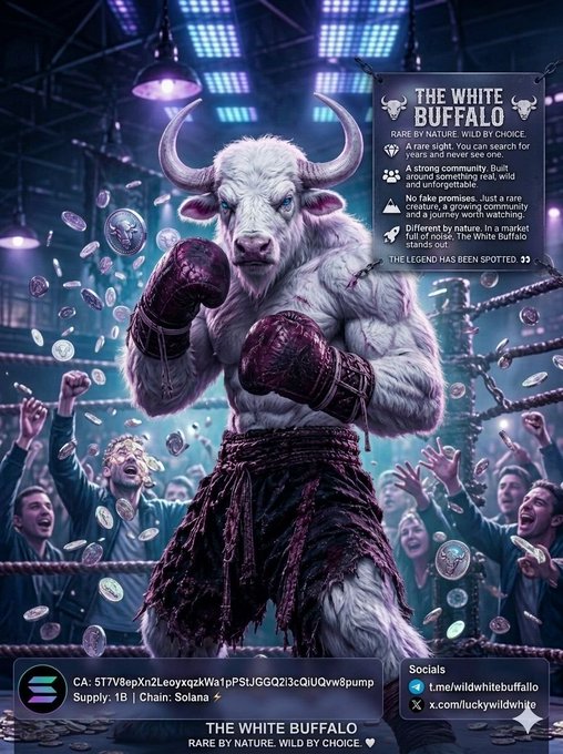 A digital promotional poster titled 'THE WHITE BUFFALO' featuring an anthropomorphic white buffalo with boxing gloves in a ring surrounded by a crowd, with text including 'RARE BY NATURE. WILD BY CHOICE.' and a contract address starting with 'CA: 5T7V8epXnZLeoyxqzkWa1pPSUjGGQZ3cQiUOwv8pump' on the Solana chain.