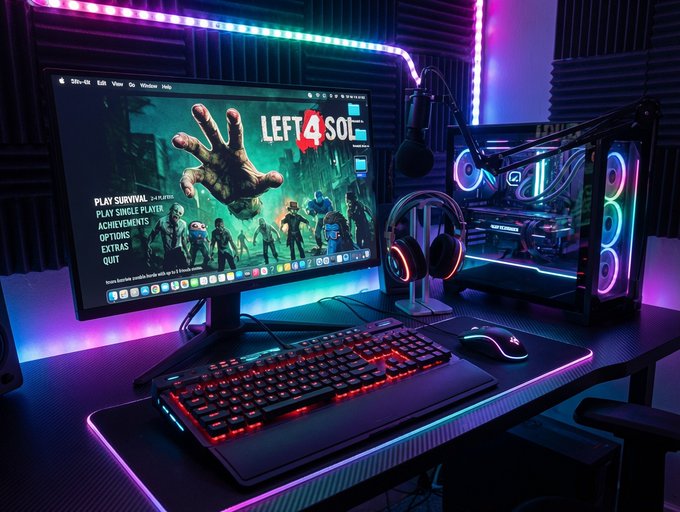 A vibrant gaming setup featuring a monitor displaying the "LEFT 4 SOE" main menu (with visible options like PLAY SURVIVAL, PLAY SINGLE PLAYER, and ACHIEVEMENTS), paired with an RGB-lit PC tower, keyboard, and headphones—evoking the immersive gameplay experience of the recently patched $L4S update with its smoother performance and new KOL features.