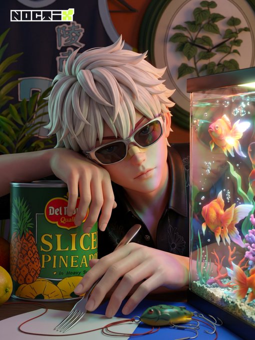 A stylized 3D illustration shows a white-haired character wearing sunglasses, resting their head on their hand while holding a can labeled "Del'f Quall SLICE PINEAPPLE In Heavy S..." next to a vibrant fish tank with goldfish and a small crab on the table. The relaxed, cinematic scene visually conveys the "waiting" sentiment of the post, with the character's contemplative pose matching the message about having only 1 day left before closing wallet submissions.