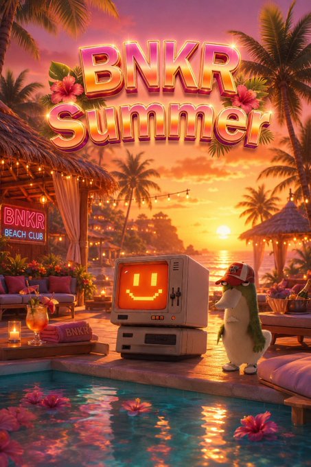 The image features a poster for a video game called "BNKR Summer", which appears to be set in a tropical location with palm trees, flowers, and a pool. The poster includes a cartoon character wearing a hat that says "BNKR" on it. The background of the poster is filled with bright colors, creating an inviting atmosphere. The text at the bottom of the poster reads "BNKR Summer", indicating the game's title.