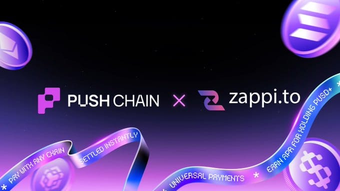 The image features a purple banner that says "PUSH CHAIN X XZAPPIT TO" written in white letters. The background of the image is black, with purple circles floating around the text. Below the banner, there are descriptions about stablecoins and their impact on global payments. One description reads "Stablecoins have made global payments much faster," while another says "Using different blockchains can still create unnecessary friction."
