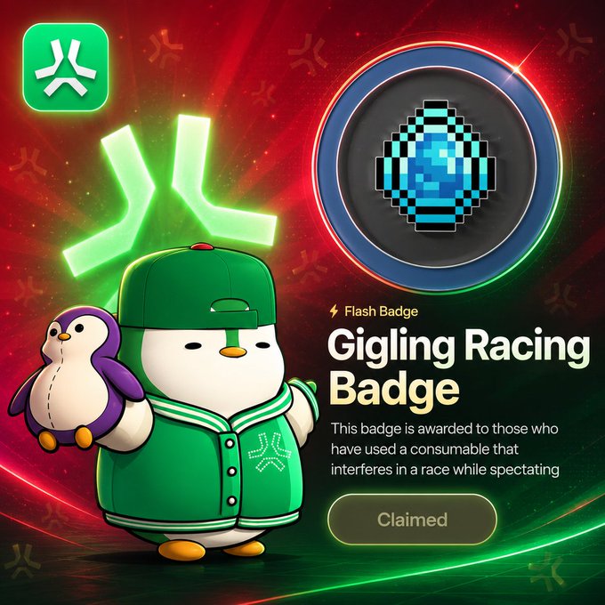 A promotional graphic for a 'Gigling Racing Badge' featuring a penguin character in a green baseball outfit, with a 'Claimed' button and pixelated blue badge icon.