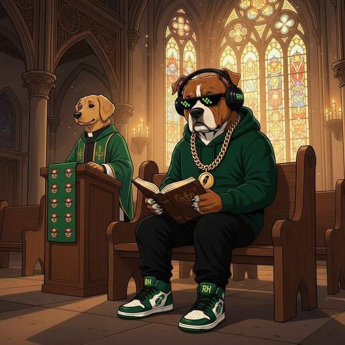 An illustration of anthropomorphic dogs in a gothic cathedral setting—one wearing a green hoodie, chain, and pixelated sunglasses reading a Bible while sitting on a pew, while another dog priest stands at a podium.