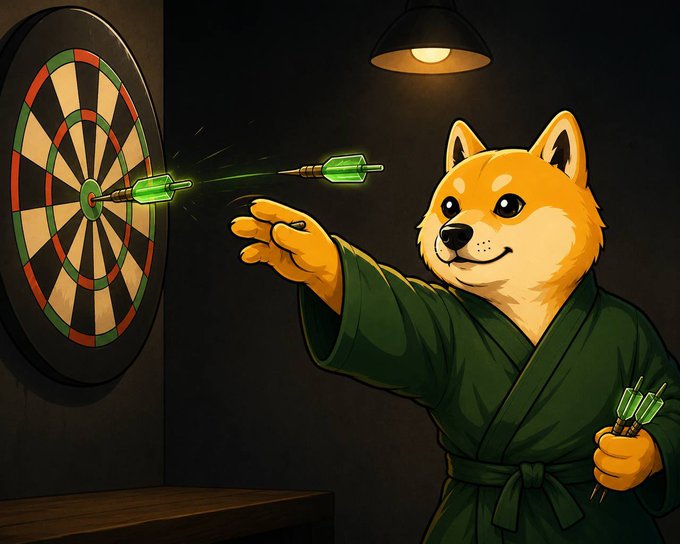 A Shiba Inu dog dressed in a green ninja robe throws glowing green darts at a dartboard, while holding extra darts in its other paw—visually reinforcing the "#HACHIKO THE LAST INU" post with its mystical, sharpshooter Inu persona.