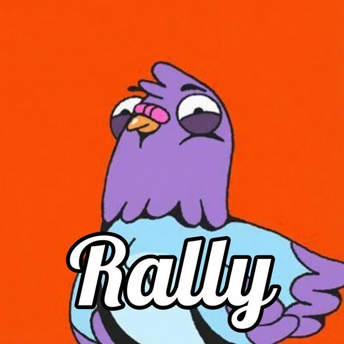 The image features an illustration of a cartoon bird with a purple body and blue wings, standing against an orange background. The text "Rally" is written below the bird's head, indicating that this is a promotional post related to the cartoon character Rally.