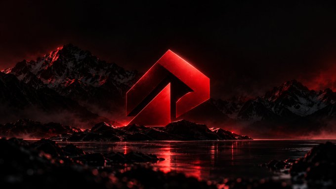 A glowing red geometric logo resembling a stylized 'A' or arrow, centered in a dark, dramatic landscape with mountains and a reflective body of water.