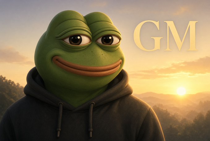 A 3D-rendered Pepe the Frog character wearing a dark hoodie against a sunset mountain backdrop, with the text 'GM' displayed in the upper right corner.