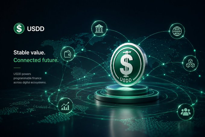 A promotional graphic for the USDD stablecoin featuring a glowing green coin with a dollar sign, surrounded by connected nodes representing digital ecosystems, with the tagline 'Stable value. Connected future.' and text 'USDD powers programmable finance across digital ecosystems.'