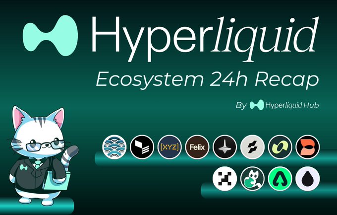 The image features a cartoon cat wearing glasses standing next to a banner that says "Hyperliquid Ecosystem 24h Recap Kinetiq ( @Kinetiq_xyz )". The cat appears to be dressed as a businessman, with a tie on its head and a briefcase in front of it. The text on the banner indicates that there is a post about Hyper Liquid ecosystem migration scheduled for June 11th, 16th, and 17th. Additionally, the image includes logos for Valantis Labs and other cryptocurrency exchanges.