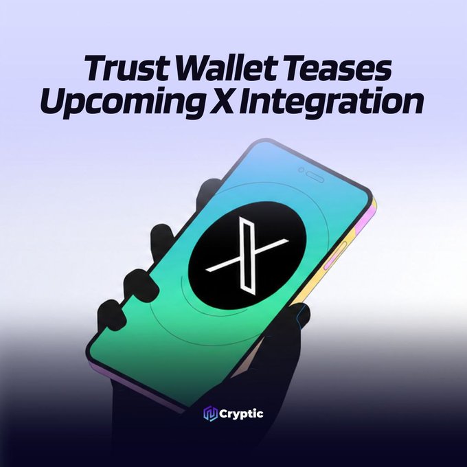 An illustration shows a silhouetted hand holding a smartphone displaying an "X" logo on a teal and pink gradient screen, with bold text reading "Trust Wallet Teases Upcoming X Integration." The Cryptic logo appears at the bottom, visually complementing the announcement of Trust Wallet's plan to integrate X (formerly Twitter) accounts into user profiles.