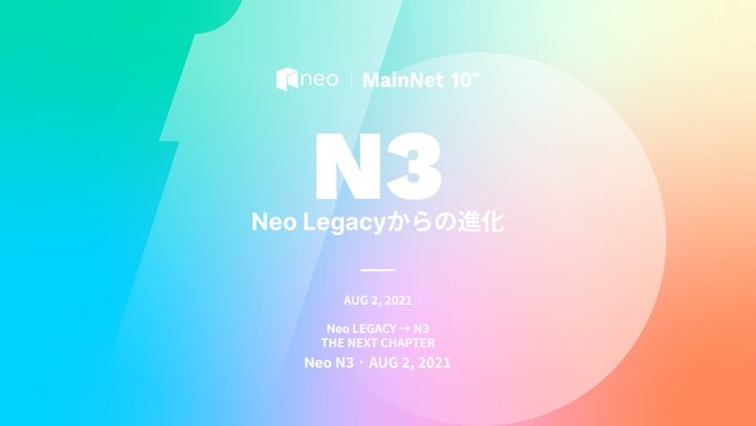 A promotional graphic with a gradient blue-to-orange background announces 'NEO MainNet 3.0' and 'N3 Neo Legacyからの進化' (Evolution from Neo Legacy), dated August 2, 2021.