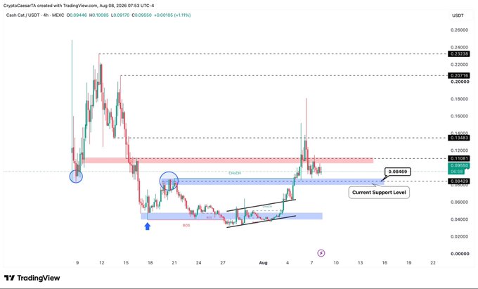 A 4-hour Cash Cat (CASH/USDT) trading chart on MEXC shows the price at 0.10086, consolidating between a support level at 0.08469 and a resistance zone near 0.134, with the chart highlighting key horizontal levels, a BOS (Break of Structure), and a "Current Support Level" label.