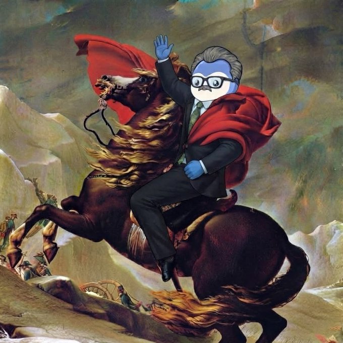 A digitally altered classical painting showing a figure with glasses and a mustache, wearing a suit with a red cape, riding a rearing horse through a mountainous landscape.