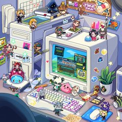 A vibrant isometric illustration of a retro pixel art computer setup featuring a monitor displaying a game, surrounded by small characters and various desk accessories, with medication vials and syringes in the foreground.