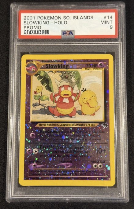 A PSA Mint 9 graded 2001 Pokemon Southern Islands card #14 featuring a holographic Promo Slowking with Psyduck and Bellsprout.