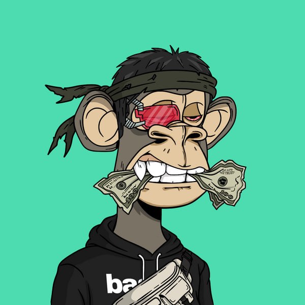 A cartoon illustration of a Bored Ape-style NFT character with a red eyepatch, headband, and money in its mouth, holding a gun while wearing a black "ba" hoodie against a teal background.
