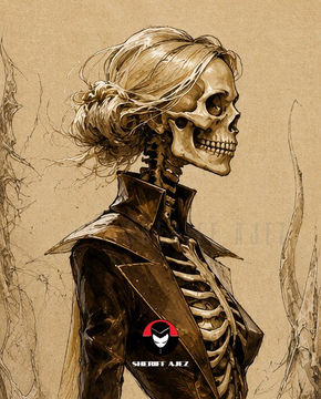A sketch-style artwork of a skeletal figure with blonde hair in a bun wearing a leather jacket, branded with 'SHIRI ART' text.