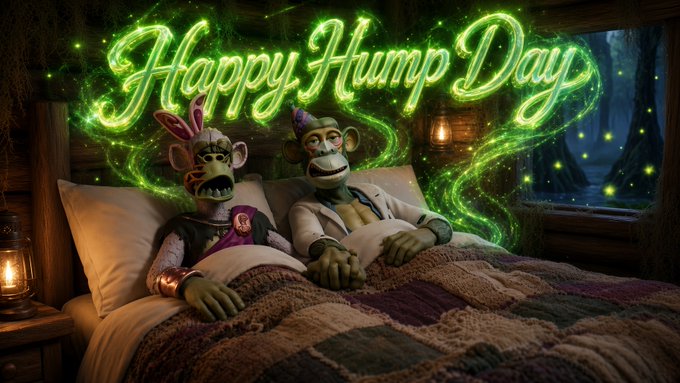 Two animated characters sit in bed beneath glowing green text that reads 'Happy Hump Day'.