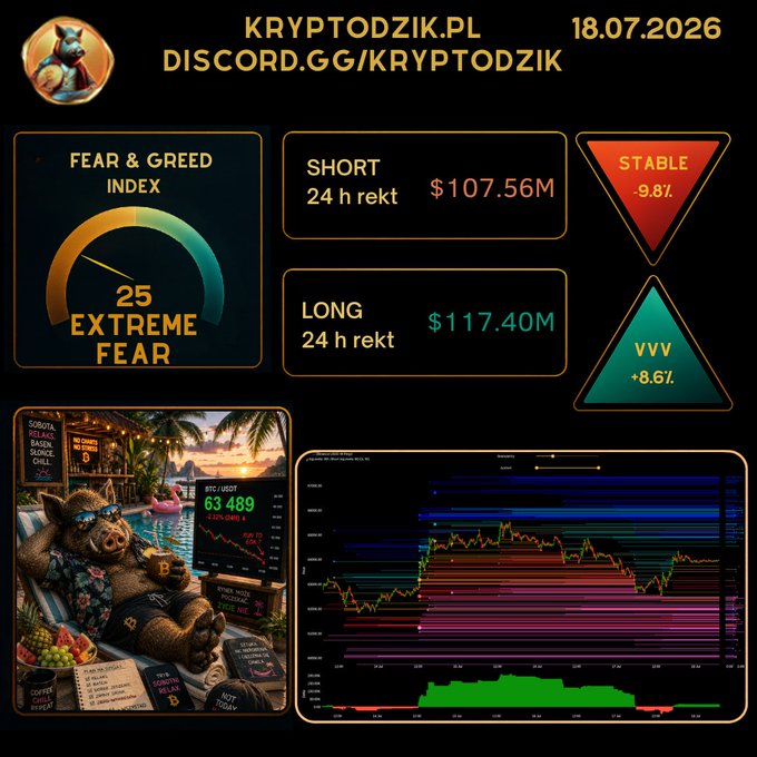 This image from 18.07.2026 visually represents crypto market sentiment and trading data, including a "Fear & Greed Index" at 25, and $107.56M in short liquidations vs $117.40M in long liquidations.