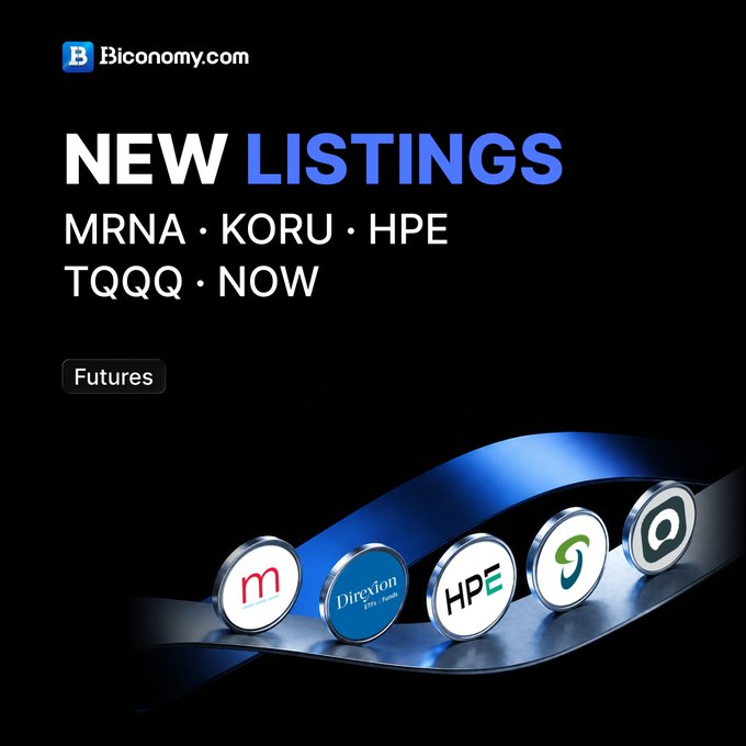 A promotional graphic for Biconomy.com announces 'NEW LISTINGS' including MRNA, KORU, HPE, TQQQ, and NOW under the Futures category.