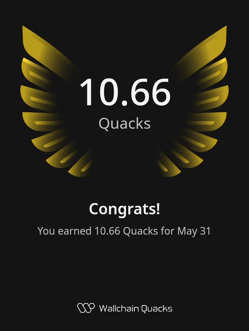 The image shows a screenshot of an advertisement for wallchain quacks, featuring a gold trophy with wings as its centerpiece. The text below the trophy reads "gQuack Just earned 10.66 Quacks on @wallchain in one day Turn insights into rewards and climb the leaderboard". This implies that someone just achieved success by purchasing Quacks from Wallchain Quacks and has gained 10.66 more quacks to become a leader on their leaderboard, rewarding them with an achievement badge or prize.