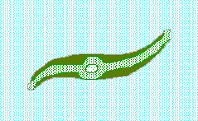 A simple pixel art illustration shows a green and white curved blade or boomerang shape against a light blue patterned background.