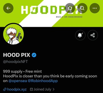 A Twitter/X profile page for HOODPIX (@hoodpixNFT), a verified account with a green banner reading 'HOODPIX BUILT ON ROBINHOOD' and an anime-style profile picture. The bio mentions '999 supply • Free mint' and references @opensea and @RobinhoodApp.