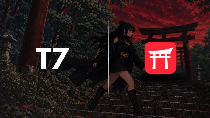 Anime-style image featuring a female character in dark clothing on stone steps with a red torii gate, displaying 'T7' text and a red app icon.
