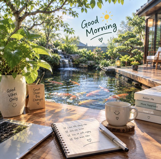 A serene morning scene by a koi pond with a notebook, coffee mug, plant, and books in the foreground, overlaid with text 'Good Morning', 'Good Vibes Only', 'Small Steps Big Changes', and 'Better Me More Happiness Good Life'.