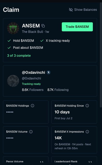 A claim interface showing ANSEM 'The Black Bull' with 3 of 3 tasks complete, including Hold $ANSEM, X tracking ready, and Post about $ANSEM. The user @0xdavinchi has 8.6K followers, holding $ANSEM for 10 days with 14K impressions.
