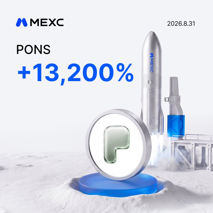 A promotional graphic for MEXC dated 2026.8.31 showcases the PONS token with a dramatic "+13,200%" gain since listing, featuring a rocket launching from a snowy landscape beside a coin bearing the "P" PONS logo, visually reinforcing the post's message about explosive returns in its "Robinhood Zone" listings like PONS and AIINU.