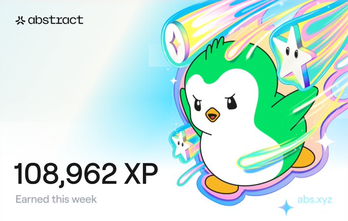Abstract platform screenshot showing a green and white penguin mascot character with '108,962 XP Earned this week' displayed.