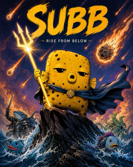 A stylized movie poster titled "SUBB – Rise from Below" features an anthropomorphic pufferfish in a flowing blue cape holding a glowing trident atop a rocky peak, surrounded by meteors, kraken tentacles, and a knight whale below. The heroic, "rising up" imagery ties into the post's message of being built for what's next on BNB Chain.