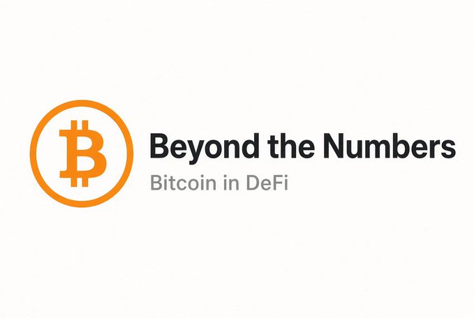 A white graphic displays an orange Bitcoin logo next to the text 'Beyond the Numbers' and 'Bitcoin in DeFi'.