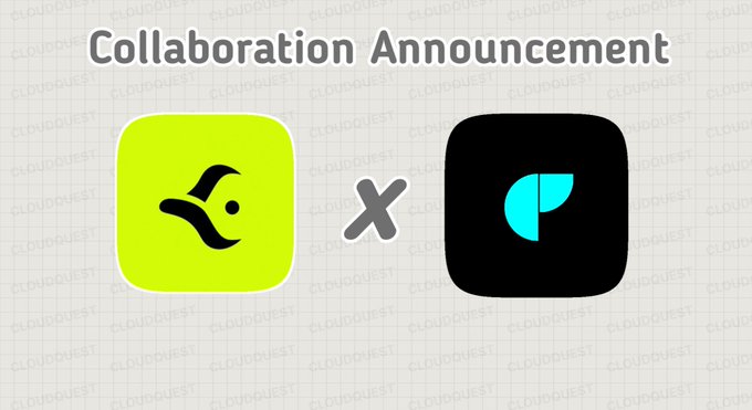 A collaboration announcement graphic featuring the yellow Hoodskerb mascot logo on the left, a gray "×" symbol in the center, and the black and cyan Cloud Quest logo on the right, all set against a light gray background with "CloudQuest" watermarks. The "×" signifies a partnership between the two platforms, aligning with the post's emphasis on the integral role of $SKERB in Cloud Quest's ecosystem mechanics.