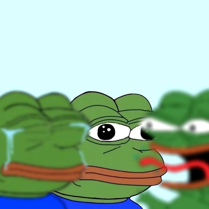 An image of the Pepe the Frog meme character with wide, sad-looking eyes against a light blue background, with another blurred frog character beside it.