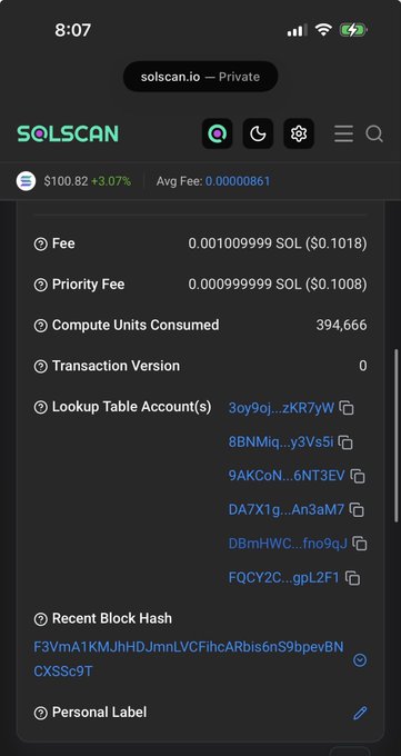 A mobile screenshot of solscan.io showing a Solana transaction with a fee of 0.001009999 SOL ($0.1018), priority fee, compute units consumed at 394,666, and various lookup table account addresses.