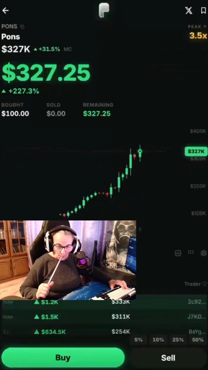 A stock trading app screenshot showing a position in "PONS" worth $327.25 (+227.3%), with a chart and a picture-in-picture video of a person smoking and using a keyboard.