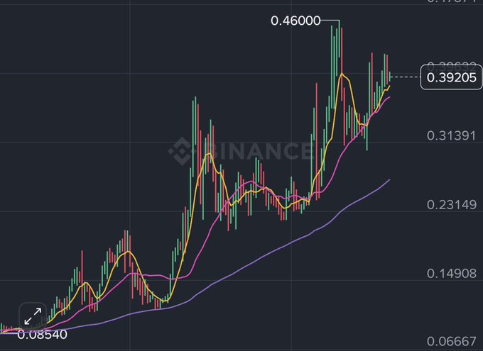 A Binance cryptocurrency trading chart displaying candlestick price action with moving averages, ranging from a low of 0.03540 to a high of 0.46000, with the current price at 0.39205.