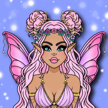 A digital illustration of a fantasy fairy with pink hair styled in buns, pointed ears, butterfly wings, and a floral crown, set against a blue background with sparkling effects—appearing to be one of the "Gorgeous BRB" NFT collectibles mentioned in the post celebrating purchases from @BRBNFT_ and artwork by @msangexo_.