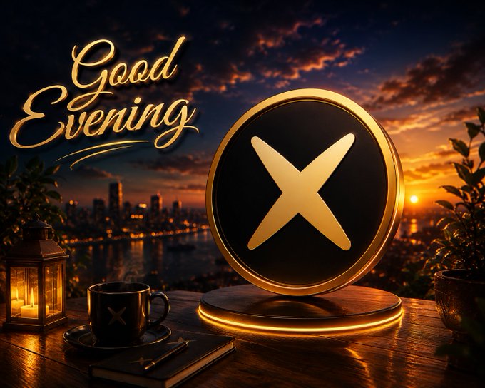 A digital graphic featuring a golden "X" logo on a pedestal, with "Good Evening" in elegant gold script, set against a sunset cityscape with a coffee mug, lantern, and plants on a wooden table.