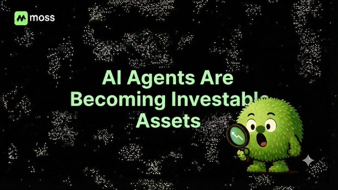 A graphic with a green fuzzy character holding a magnifying glass, featuring the 'moss' logo and text 'AI Agents Are Becoming Investable Assets'.