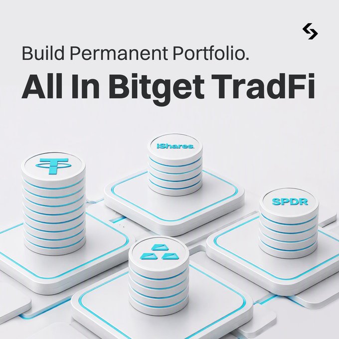 The image shows a clean, modern promotional graphic for Bitget TradFi with the text "Build Permanent Portfolio. All In Bitget TradFi." It features stacks of branded tokens—including Tether (USDT), iShares, an abstract logo, and SPDR—arranged on white tile-like platforms connected by glowing lines, visually representing the cross-asset portfolio offerings mentioned in the post.
