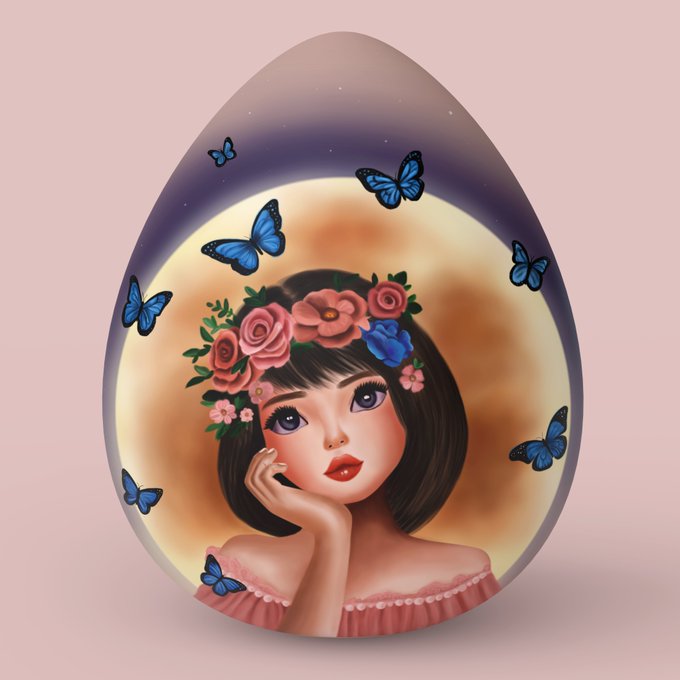 A decorative egg-shaped illustration featuring a young woman with short dark hair and a floral crown of pink and blue roses, surrounded by blue butterflies against a moon-like glowing background on a soft pink backdrop.