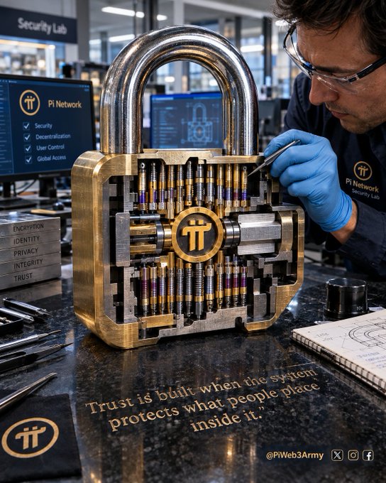 An image showing a man in blue gloves working on a large brass padlock featuring the Pi Network logo, with a background listing features like 'Security' and 'Decentralization.'