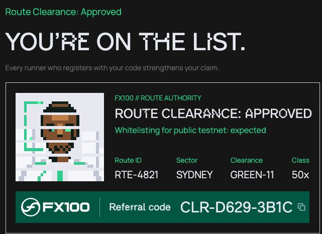 A digital approval certificate from FX100 with a pixel-art character, displaying 'Route Clearance: Approved,' 'Route ID: RTE-4821,' 'Sector: SYDNEY,' 'Class: 50x,' and a referral code 'CLR-D629-3B1C.'
