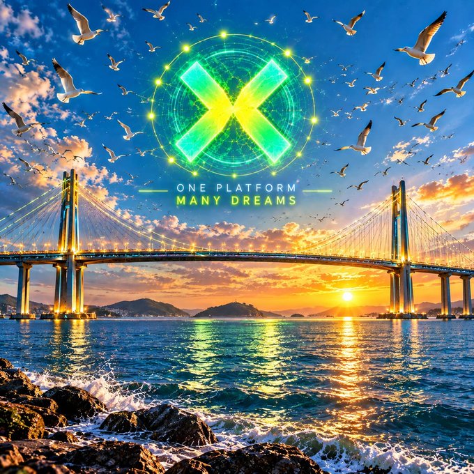 A vibrant digital artwork featuring a bridge over water at sunset with seagulls flying, displaying a glowing green 'X' logo and the text 'ONE PLATFORM MANY DREAMS'.