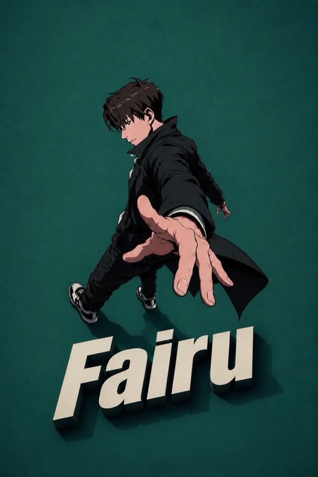 An anime-style illustration of a young man in a black coat reaching out his hand toward the viewer, with the name 'Fairu' displayed below against a teal background.