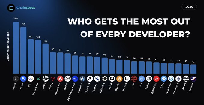 A Chainspect bar chart titled 'WHO GETS THE MOST OUT OF EVERY DEVELOPER?' displaying commits per developer for various crypto projects in 2026, with Aletta leading at 240, followed by Trzc (210), ICO (150), MultiversX (149), and Sonic (146).